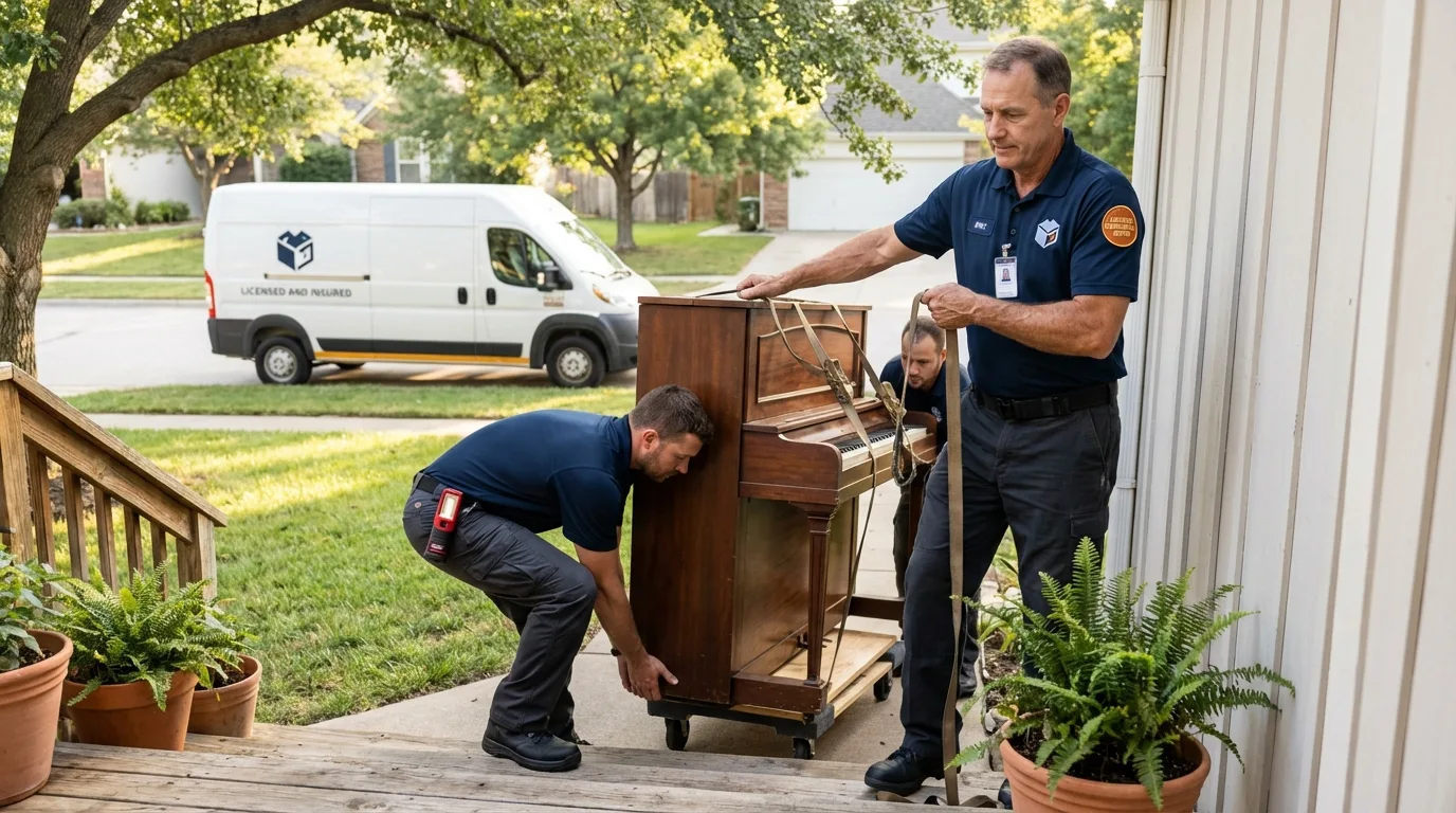 Licensed piano movers securing grand piano in Laurel, MS
